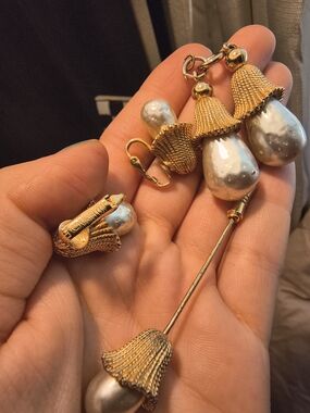 Vintage Sarah Coventry Gold-Tone Pearl Drop Earrings and Stick Pin Set